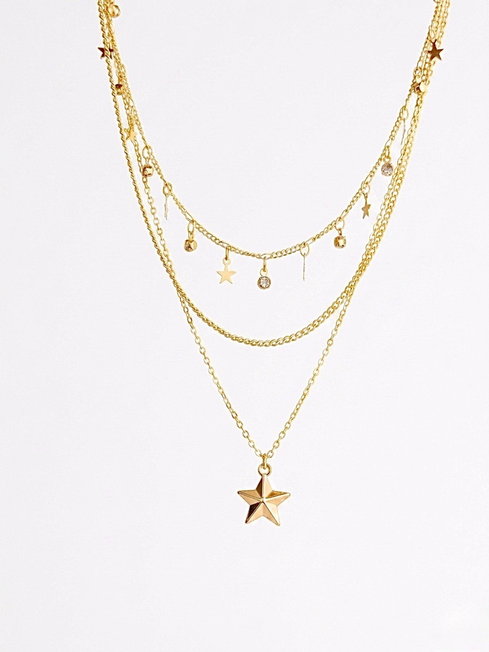 14K Gold Plated Layered Star Charm Necklace Set | Triple Strand Chain Jewelry - Picture 2 of 8